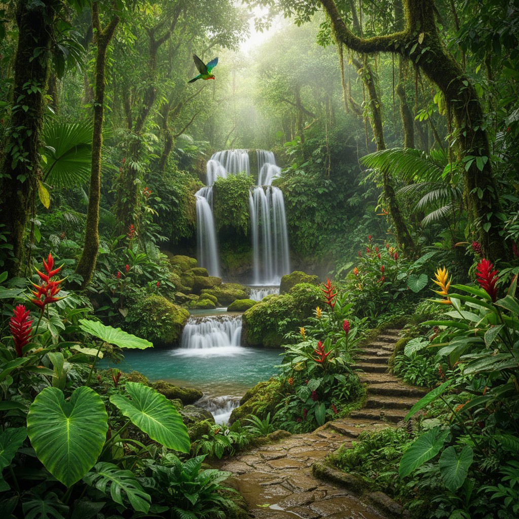 A large waterfall in the middle of a rainforest, with lush greenery, red and yellow plants and a bird in flight.