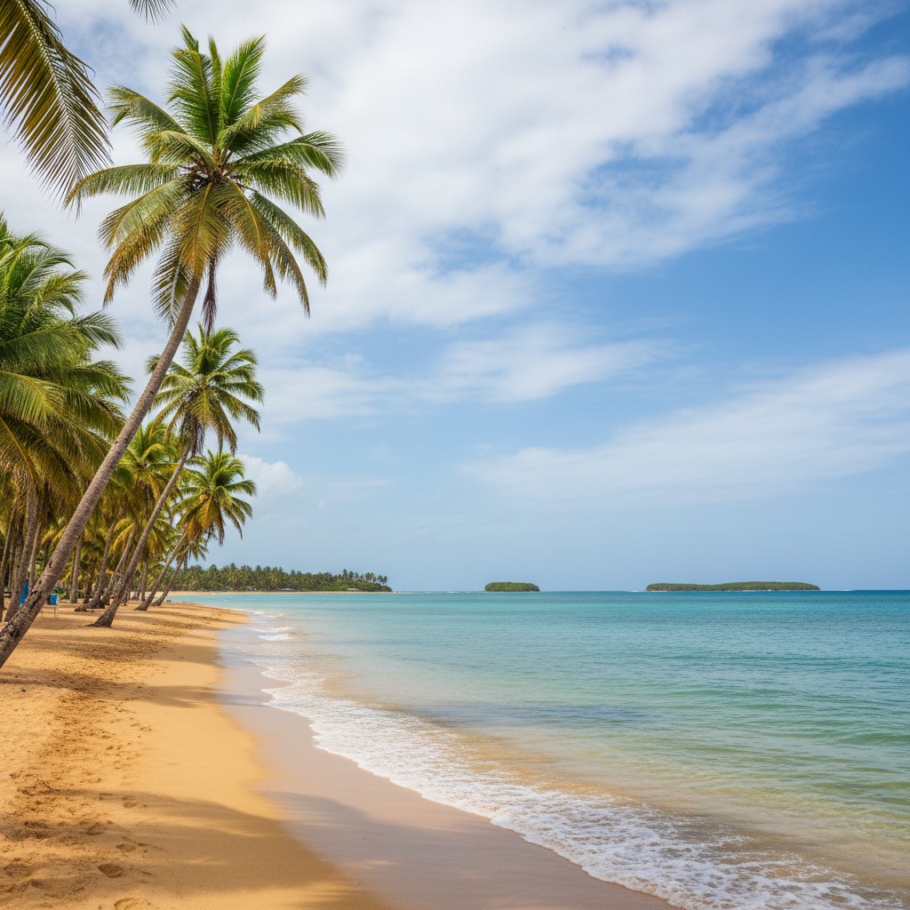 A tranquil beach scene featuring a line of swaying palm trees, a sandy shore, turquoise water, and a lush tropical island ...