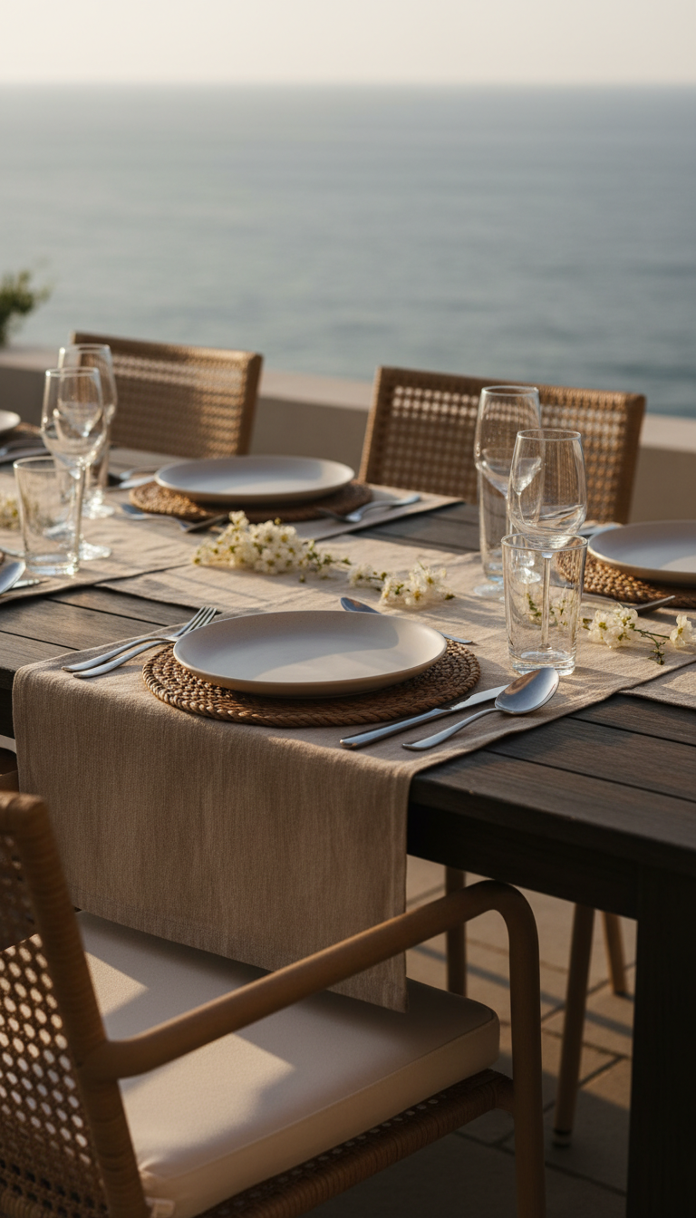 A close-up of a meticulously set outdoor dining table on a private ocean-view terrace, featuring pale matte porcelain plates, softly gleaming silver cutlery, and crystal-clear glassware. A refined linen runner in muted sand tones spans the table, surrounded by minimalist rattan chairs facing the gentle sea. Early evening golden light drapes the scene, highlighting subtle textures and casting refined, natural shadows. The image is captured with shallow depth of field, focusing on the table detail, while the background gently blurs into the subdued ocean horizon, achieving a look of understated celebration and sophisticated leisure.