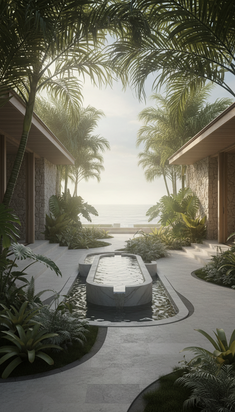 A tranquil garden courtyard beside an ocean villa, framed by sculptural tropical foliage and smooth stone pathways. A minimalist water feature, crafted from pale gray marble, ripples gently at the center. The color palette is composed of soft greens, natural stone, and muted ocean blues. Early morning natural light filters through dense foliage, creating delicate highlights and dappled shadows that play across the textured surfaces. The composition uses asymmetrical balance with a focus on the water feature, delivering a cinematic, peaceful mood with refined, photorealistic detail that suggests exclusivity and relaxation.