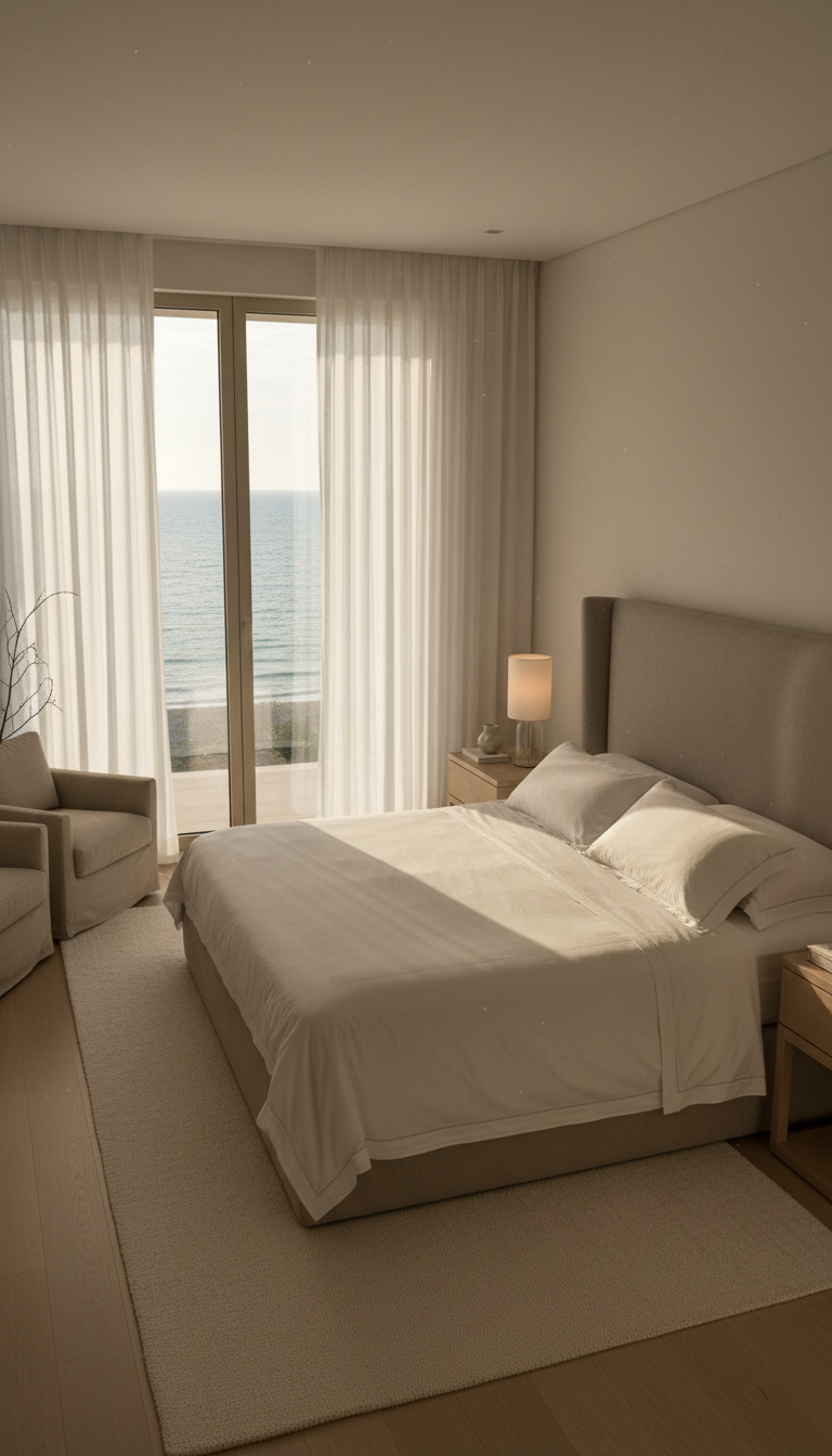 A refined villa bedroom showcasing a king-sized bed dressed in crisp, high-thread-count white linens, a pale taupe upholstered headboard, and understated bedside tables with minimalist lamps. Floor-length sheer curtains frame a subtle sea view, hinting at the villa’s beachfront location. Soft afternoon light pours through the window, casting a warm, gentle glow and long shadows across the serene, uncluttered space. Photographed from an elevated angle with precise focus, the composition highlights the elegance and comfort of the setting through a subdued, sophisticated color palette—exemplifying luxury and tranquility for a villa rental audience.
